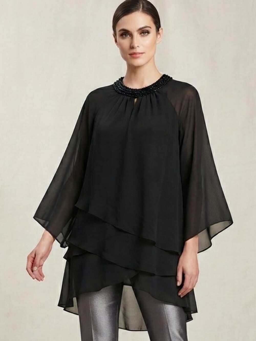 Lanting Bride Black Chiffon Asymmetric Layered Beaded Tunic Top Sz L NWOT.